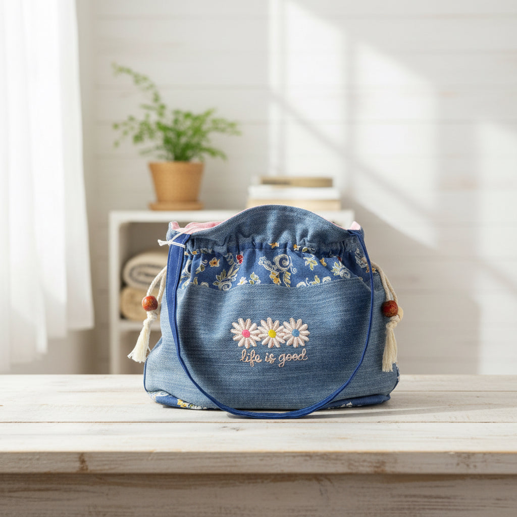 Handmade Embroidered Drawstring Purse – “Life is Good”