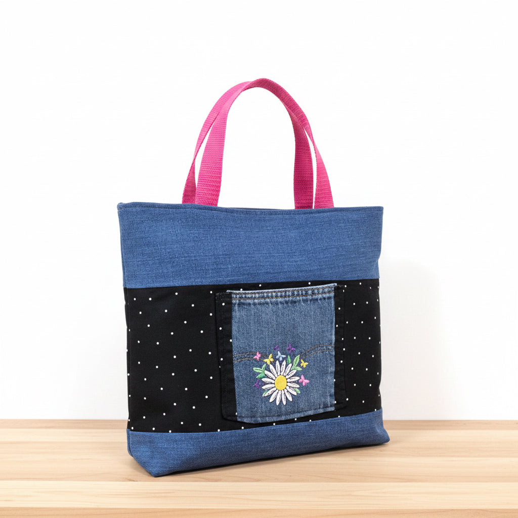 Handmade Floral Embroidered Denim Tote Bag | Upcycled Jeans Purse
