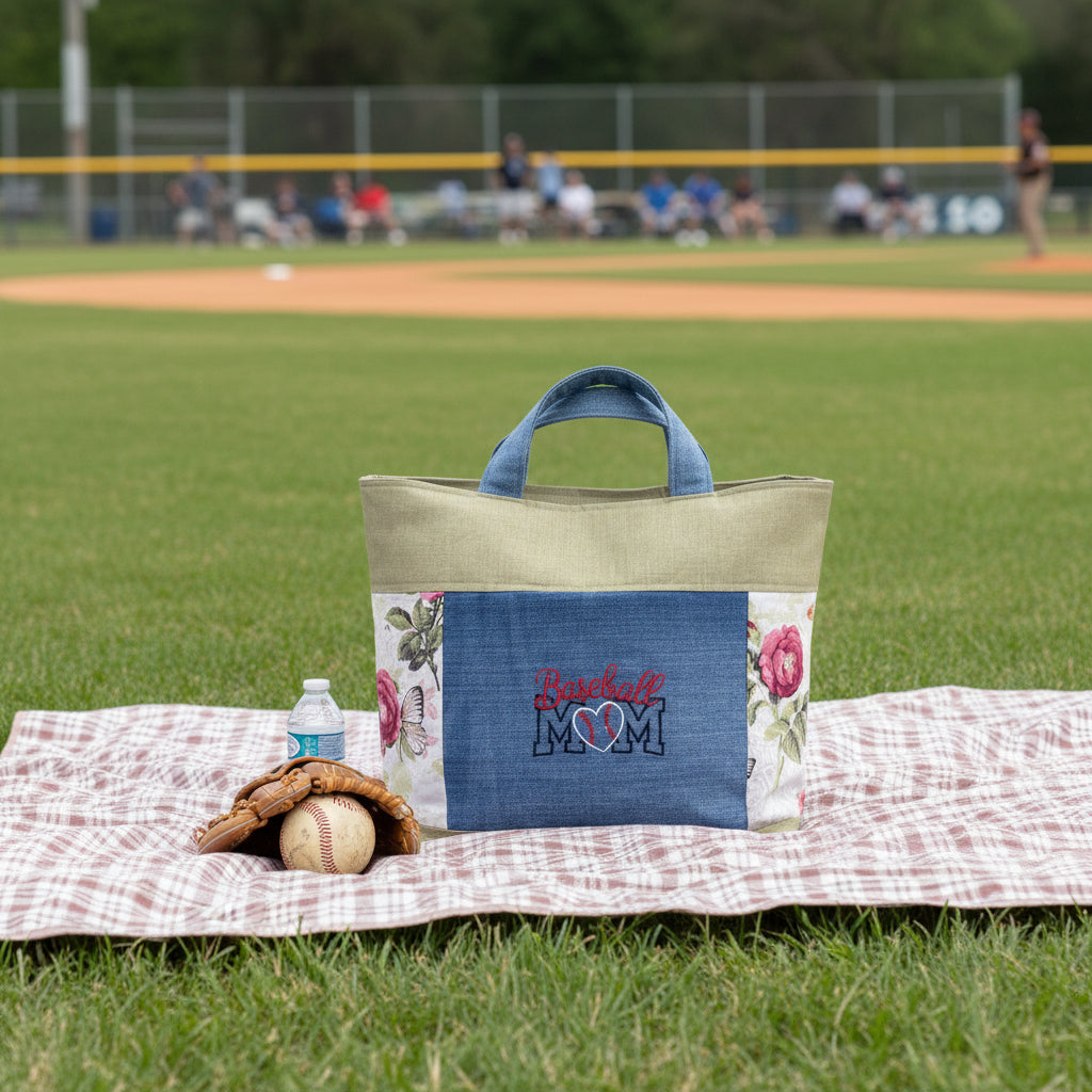 Baseball Mom Embroidered Tote Bag – Handmade Denim & Floral Purse