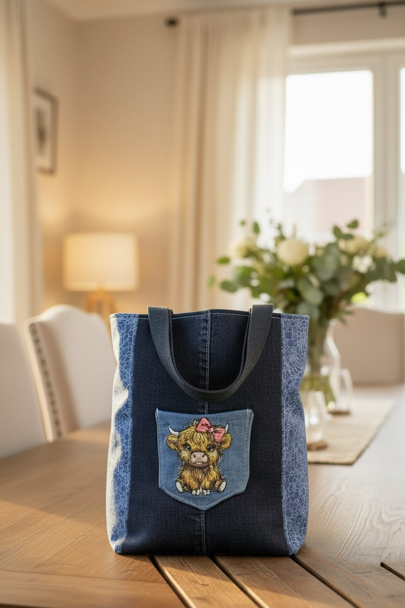 Handmade Denim Tote Bag with Highland Cow Embroidery